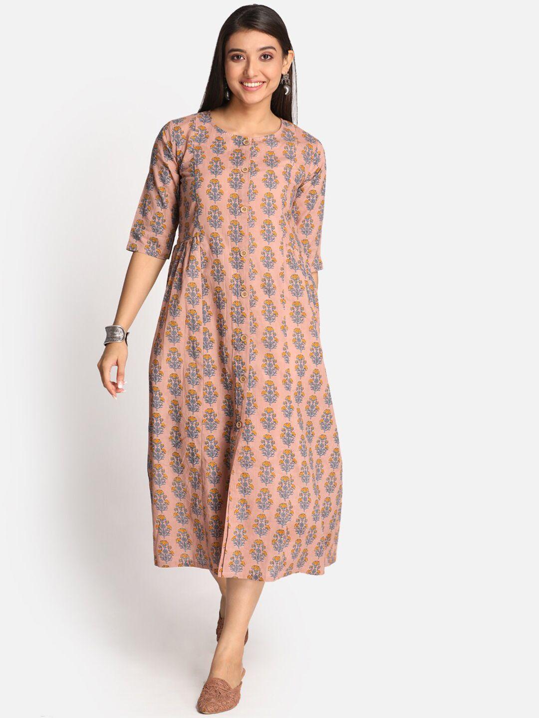 earthwear women peach-coloured ethnic motifs printed gotta patti anarkali kurta