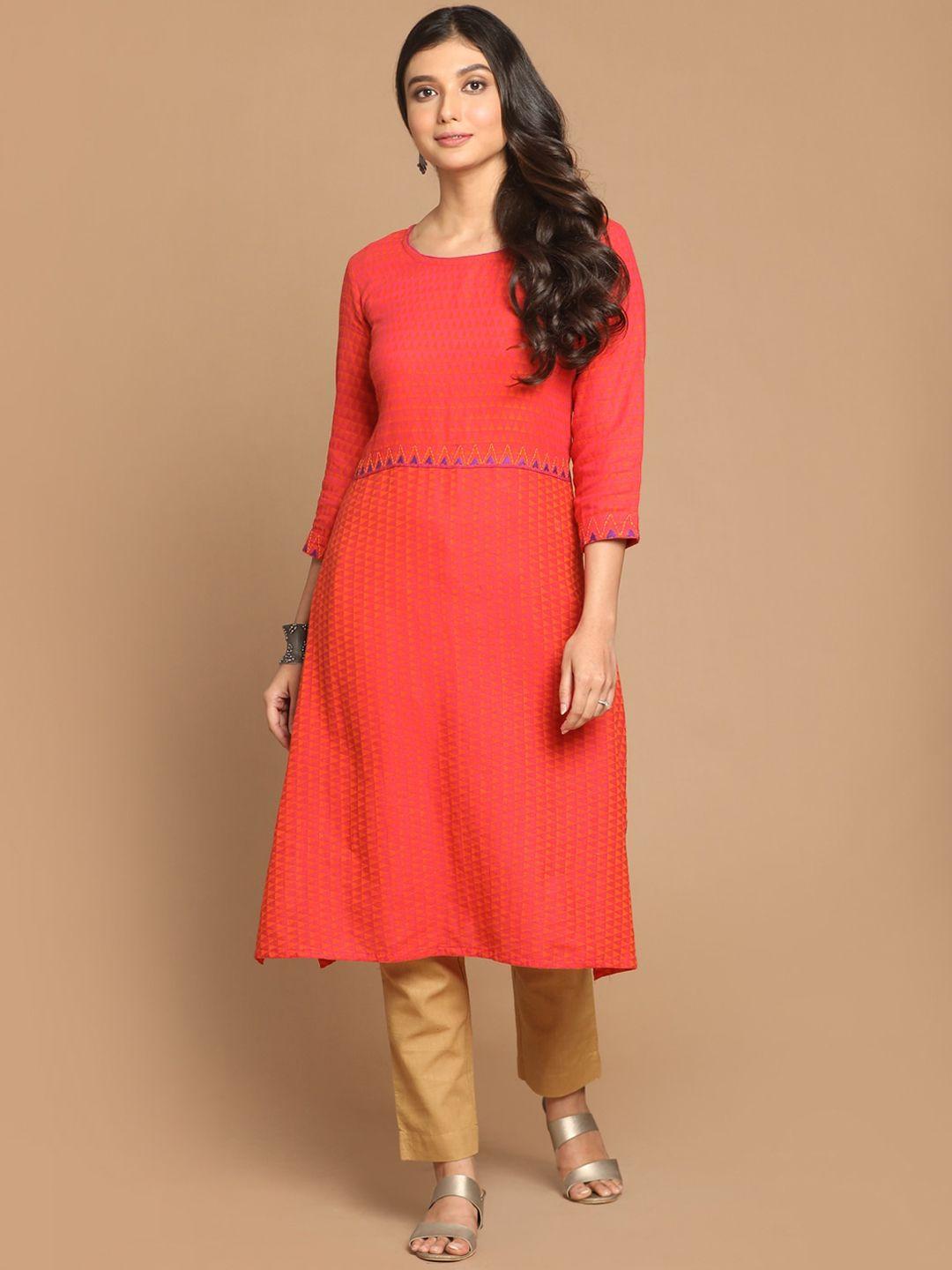 earthwear women pink orange woven cotton  a-line kurta with hand embroidery detail