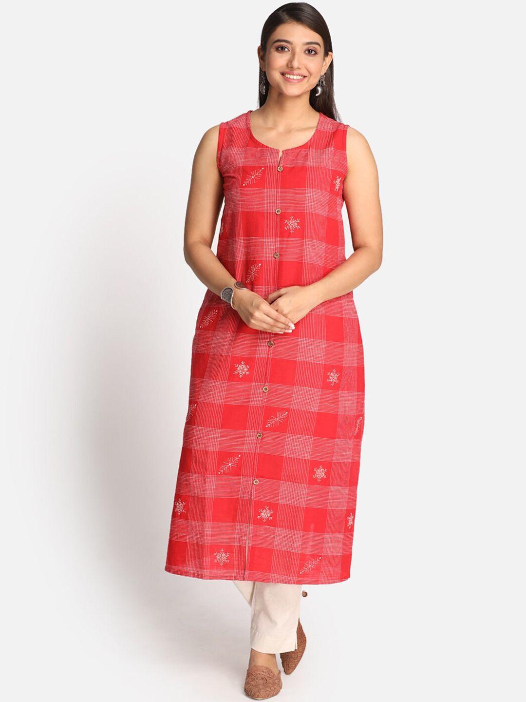 earthwear women red checked sleeveless cotton kurta