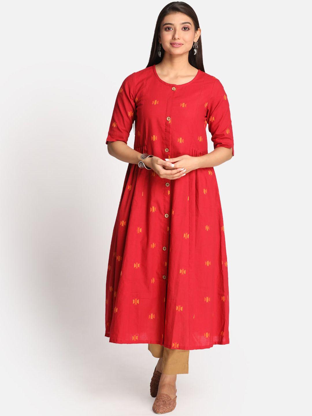 earthwear women red ethnic motifs dobby anarkali kurta