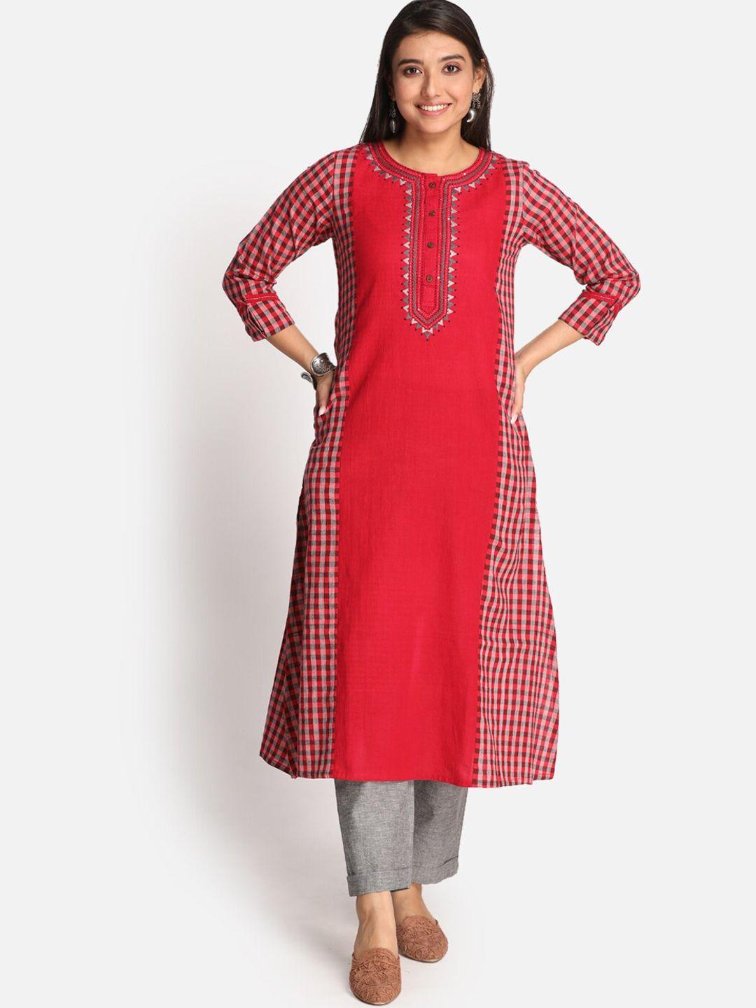 earthwear women red thread work handloom kurta