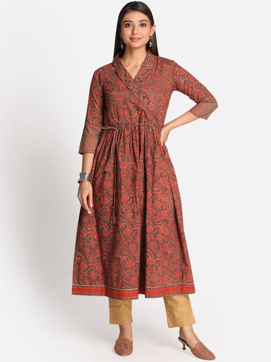 earthwear women rust floral printed thread work floral pure cotton kurta