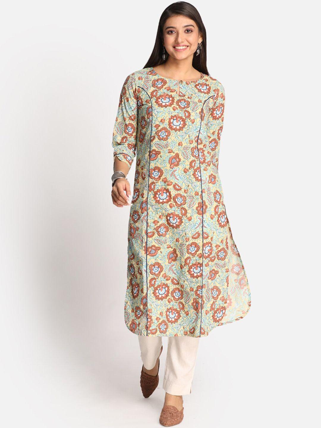 earthwear women yellow floral printed kurta