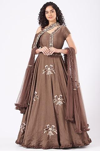 earthy brown embroidered gown with dupatta