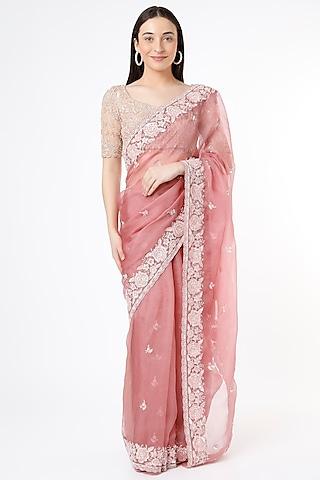 earthy coral embroidered saree