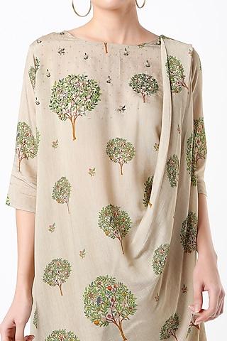 earthy beige printed pleated kurta set