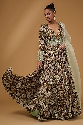 earthy brown twill organza printed anarkali set