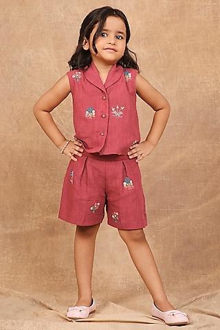 earthy red linen baroque hand embroidered co-ord set for girls