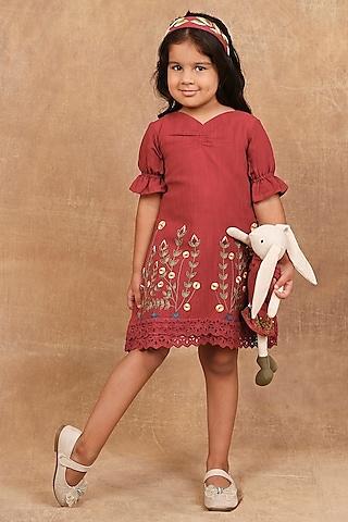 earthy red linen floral hand embroidered dress for girls