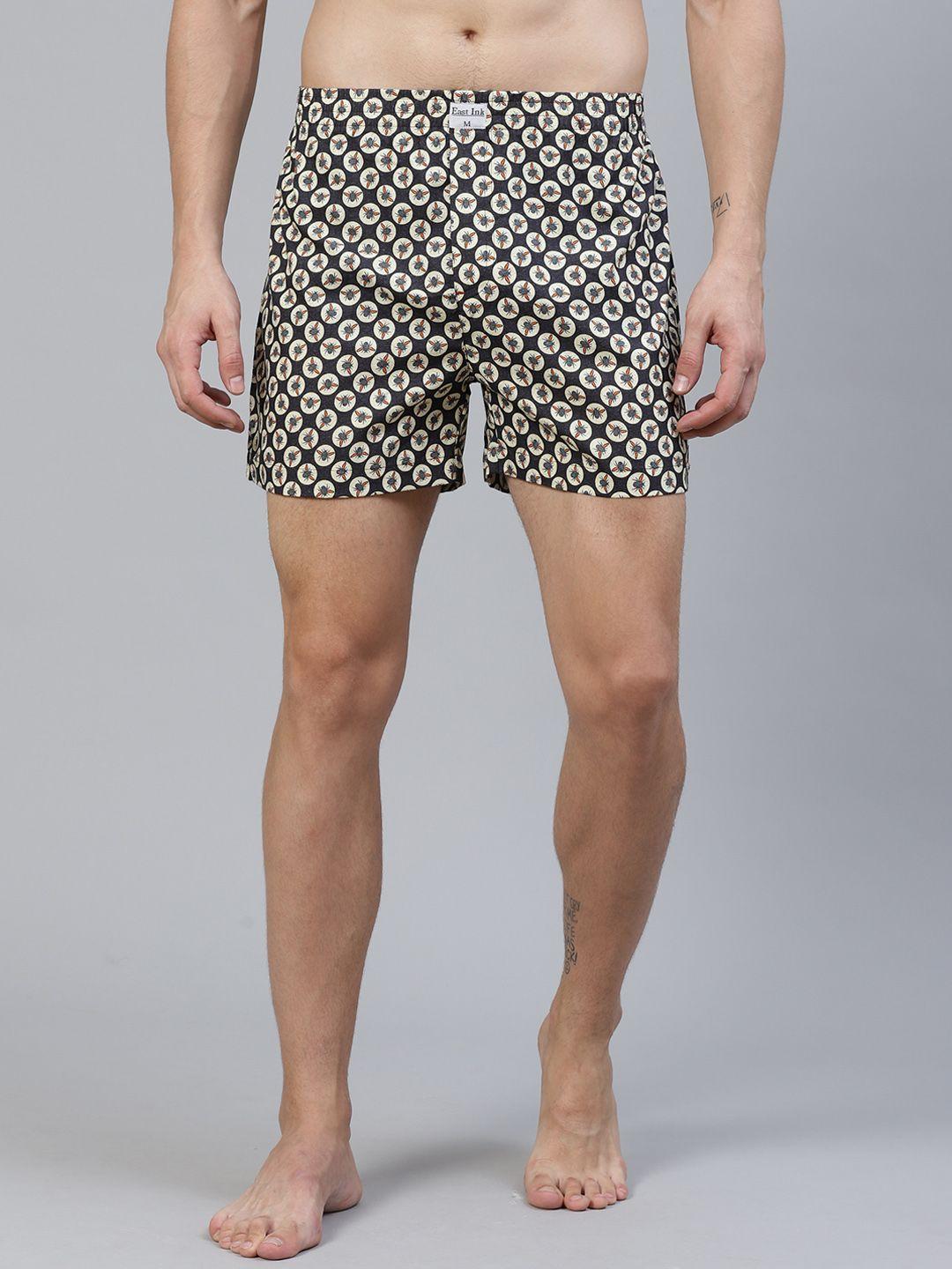 east ink men charcoal grey & cream-coloured printed pure cotton boxers eibxco077