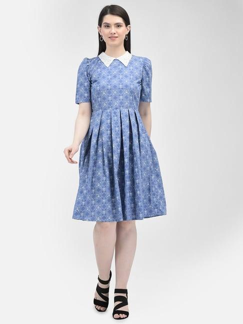 eavan blue printed fit & flare dress