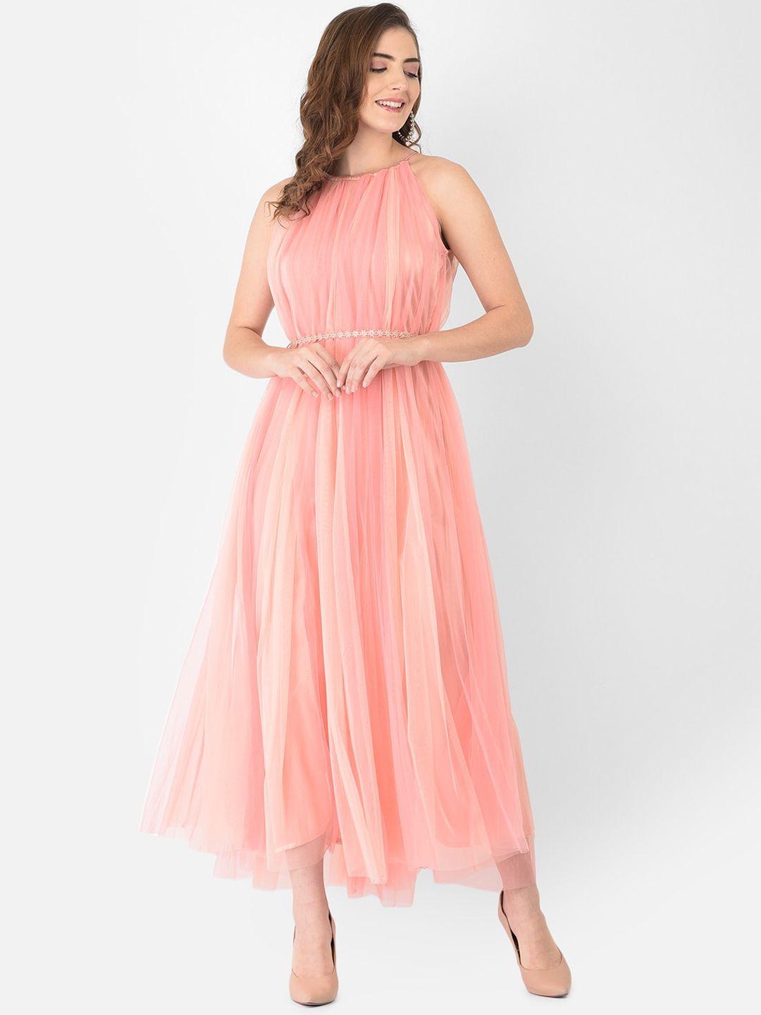 eavan peach-coloured halter neck net maxi dress