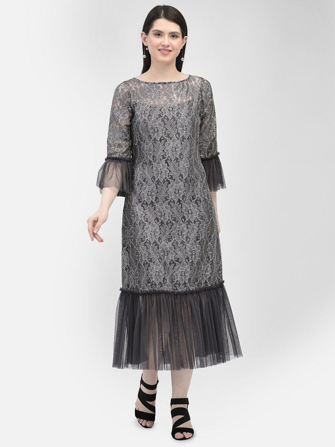 eavan self design bell sleeves gathered a-line midi dress