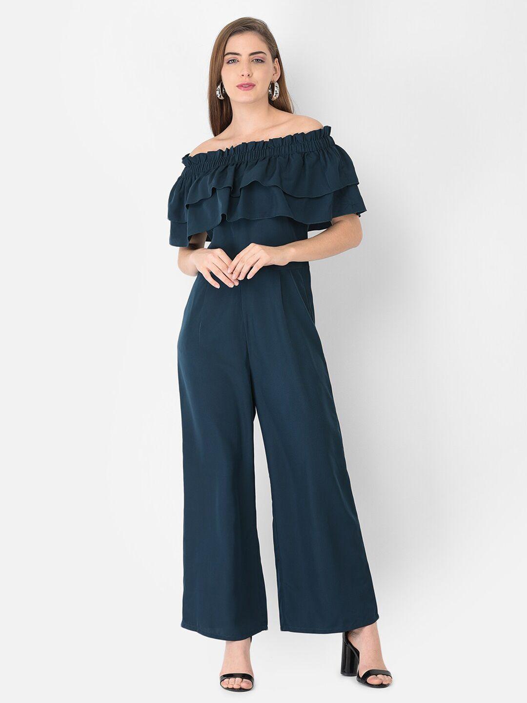 eavan teal blue off-shoulder solid culotte jumpsuit