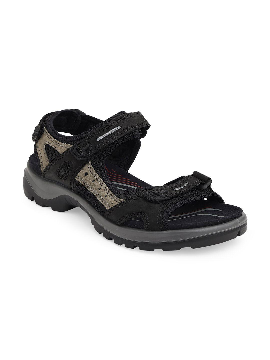 ecco women black solid leather sports sandals