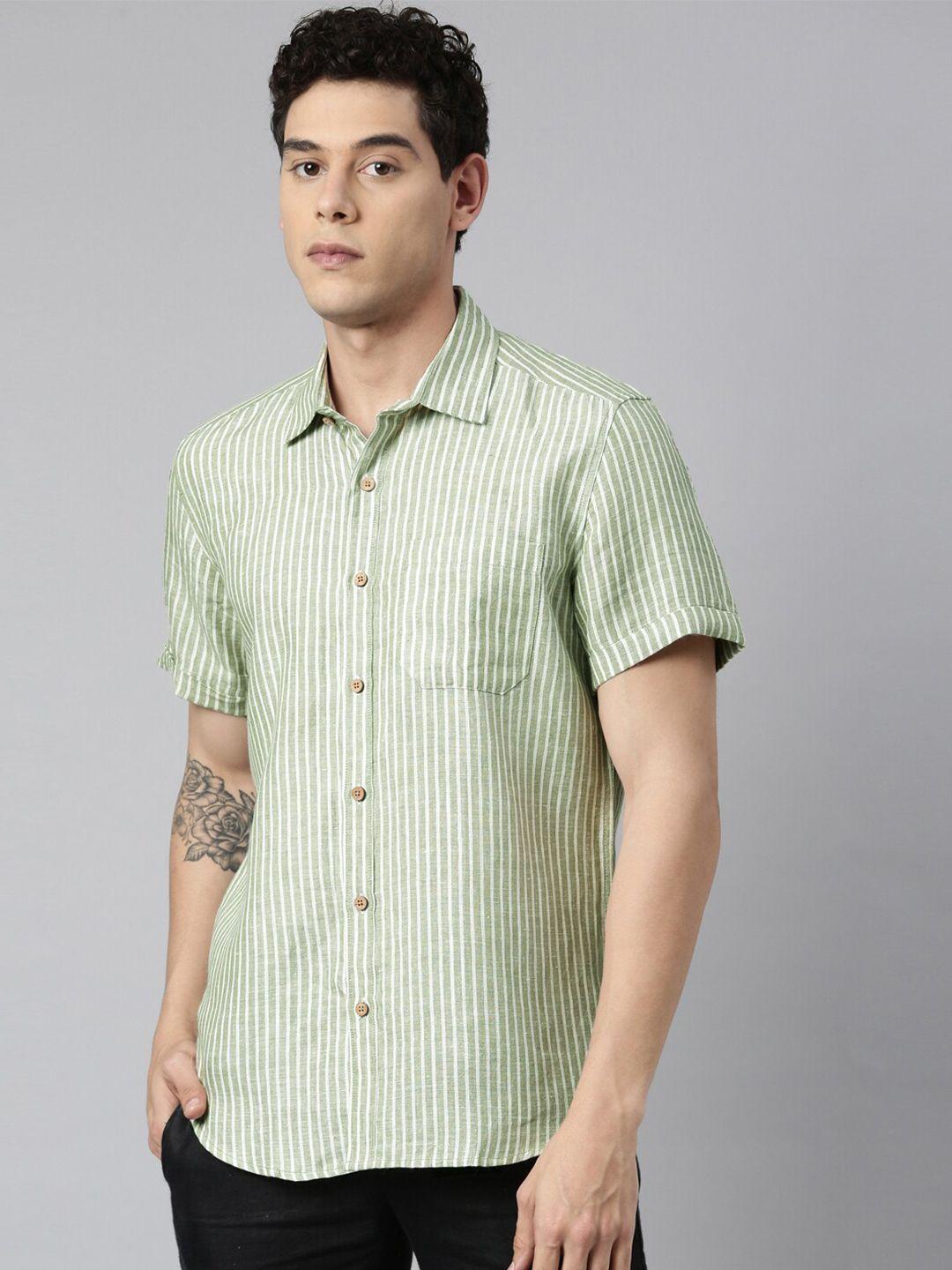 ecentric men olive green striped casual shirt