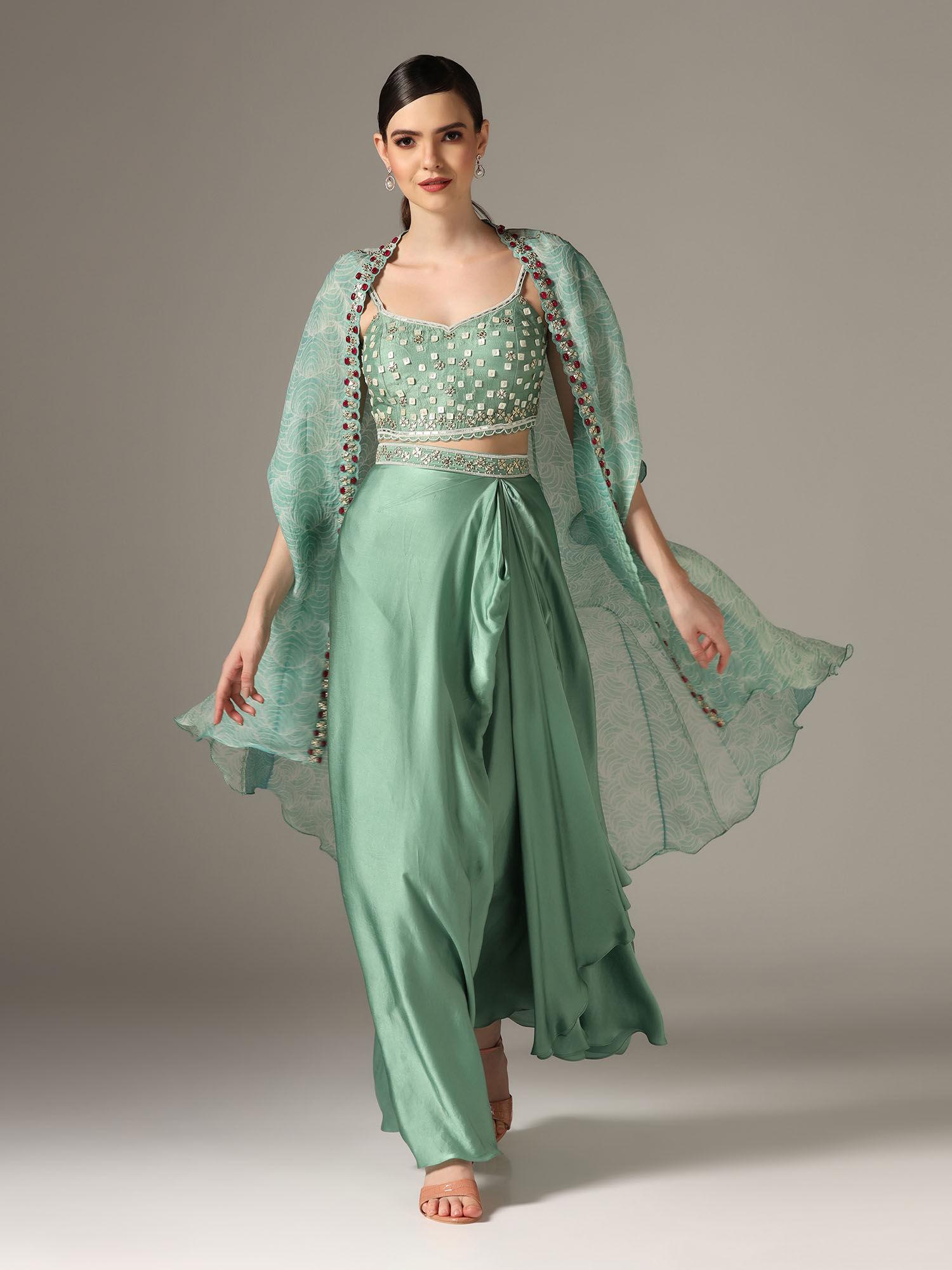 eco green drape skirt with shibori cape and bustier set (set of 3)