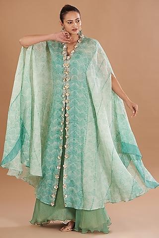 eco green organza printed & embroidered cape set