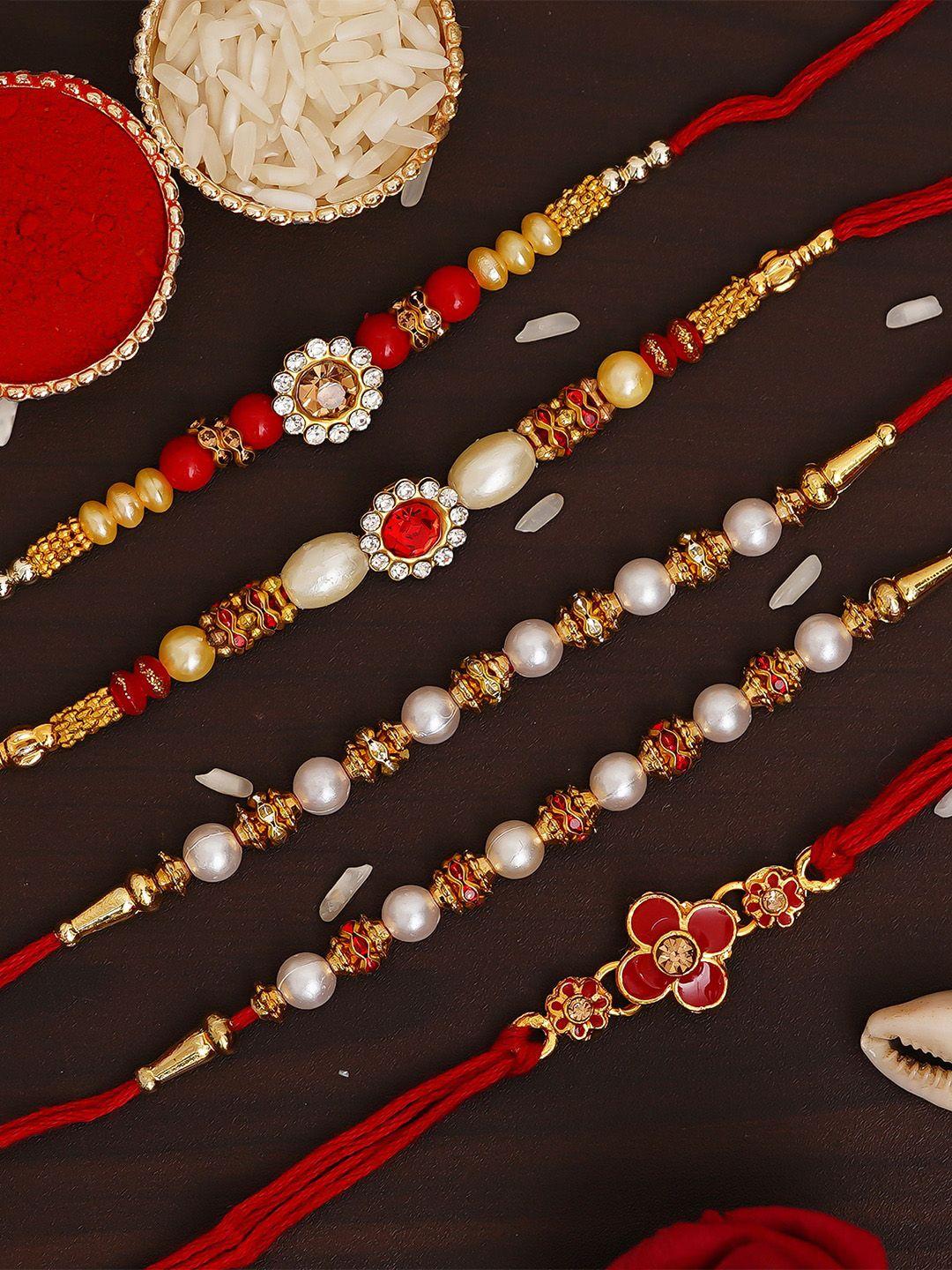 ecraftindia set of 5 red & gold-toned pearl designer rakhi with roli chawal pack