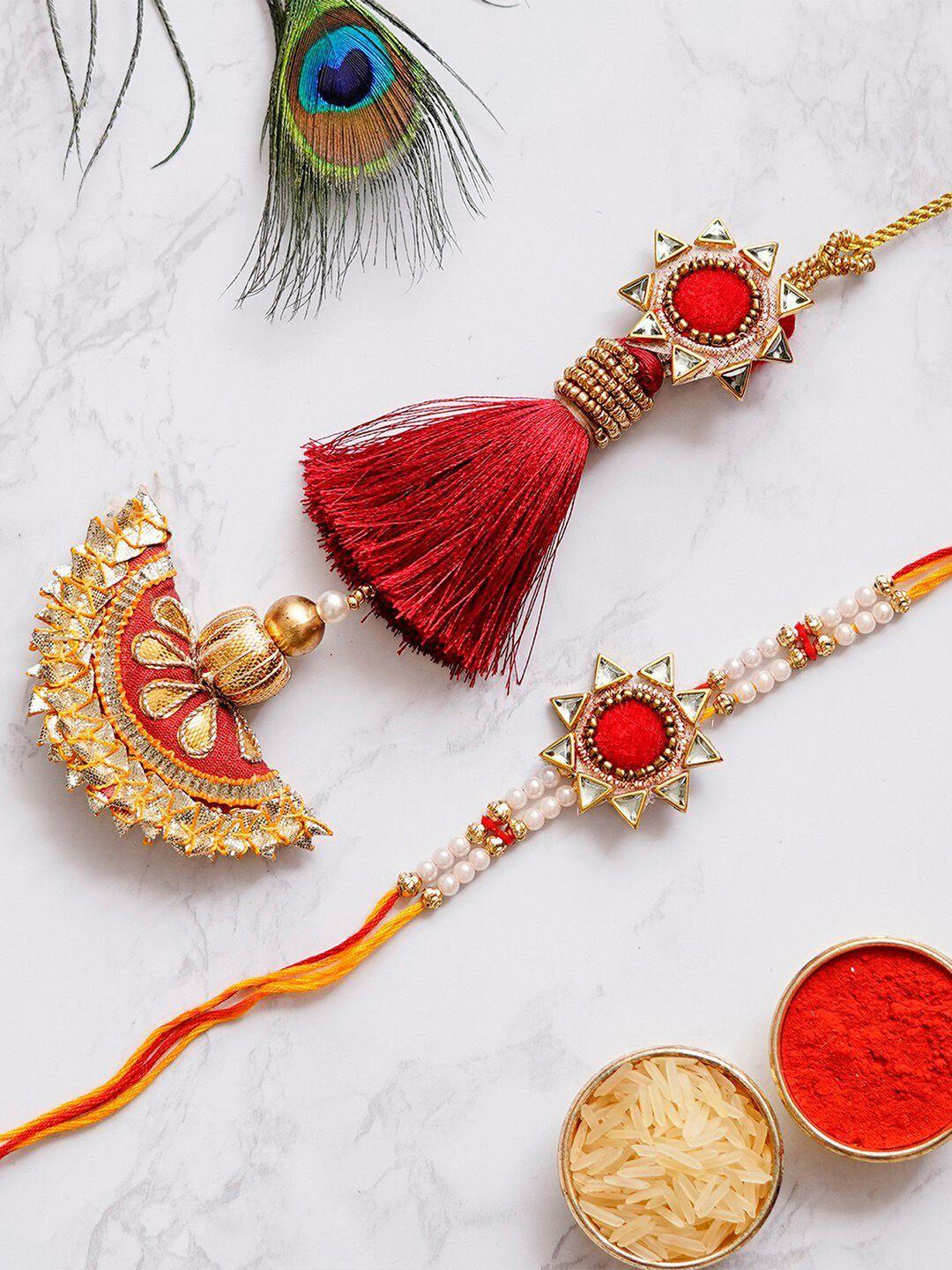 ecraftindia red handcrafted premium rakhi & roli chawal pack with greeting card
