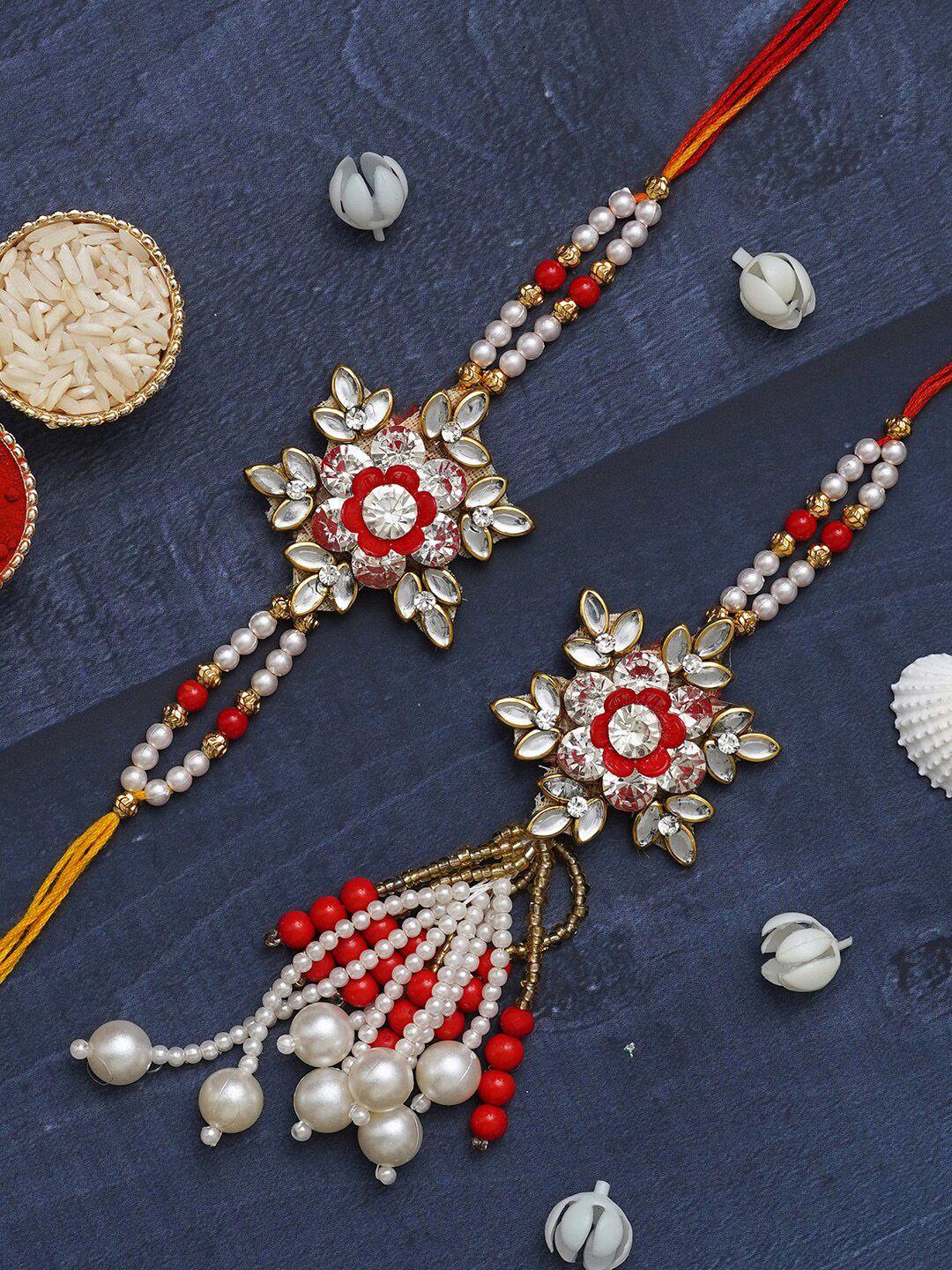 ecraftindia unisex set of 2 stone studded floral bhaiya bhabhi rakhi set
