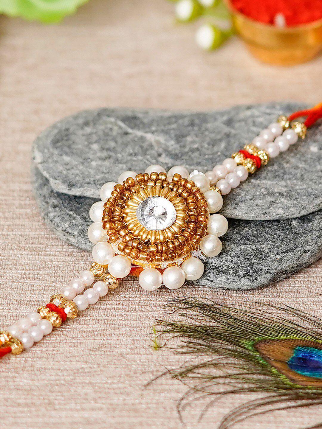 ecraftindia white & gold-toned ganesha idol & rakhi gift set