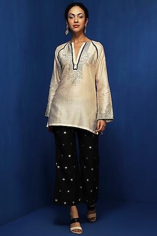 ecru cotton viscose handblock printed & zardosi embellished tunic