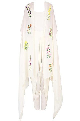ecru mughal botanical embroidered motifs cape, dhoti pants and camisole set