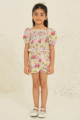ecru soft cotton floral printed co-ord set for girls