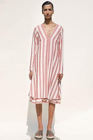 ecru & brick hand spun cotton striped resort dress