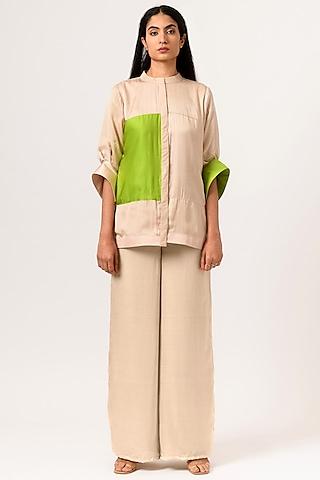 ecru & green sustainable silk blouse