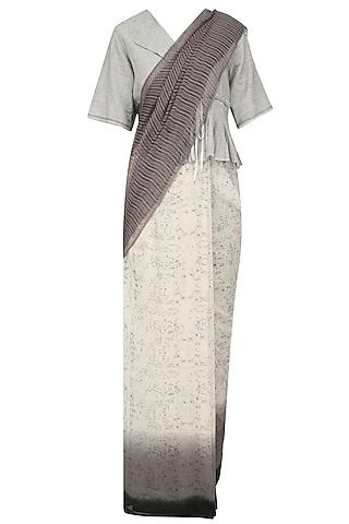 ecru & grey ombre chanderi silk printed saree