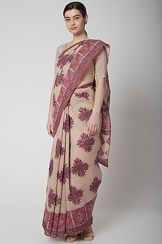 ecru & orchid pink silk linen floral hand block printed saree