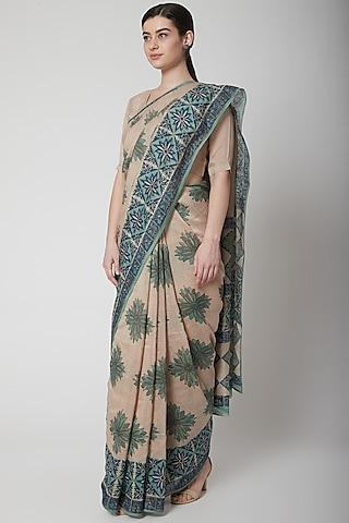 ecru & petrol blue silk linen floral hand block printed saree