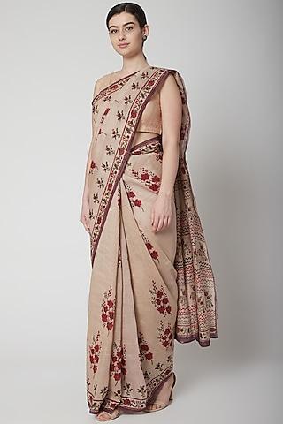 ecru & red silk linen floral hand block printed saree