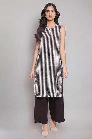 ecru and black stripe print kurta in round neck