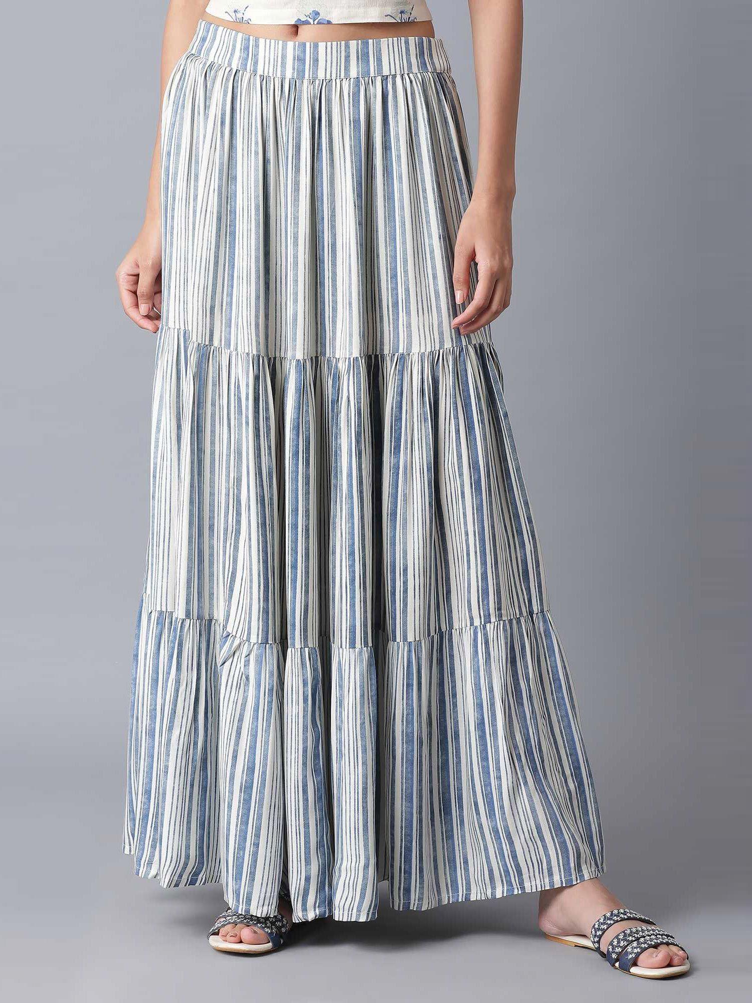 ecru and blue stripe print tiered skirt