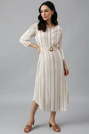 ecru and brown stripe print dress with crochet belt