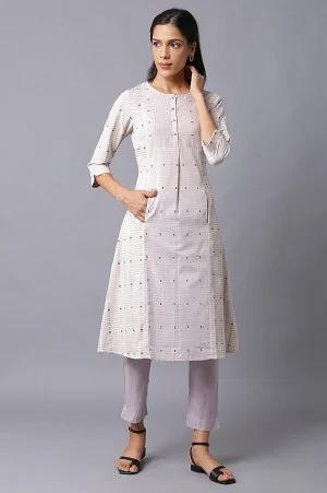 ecru and lilac dobby kurta