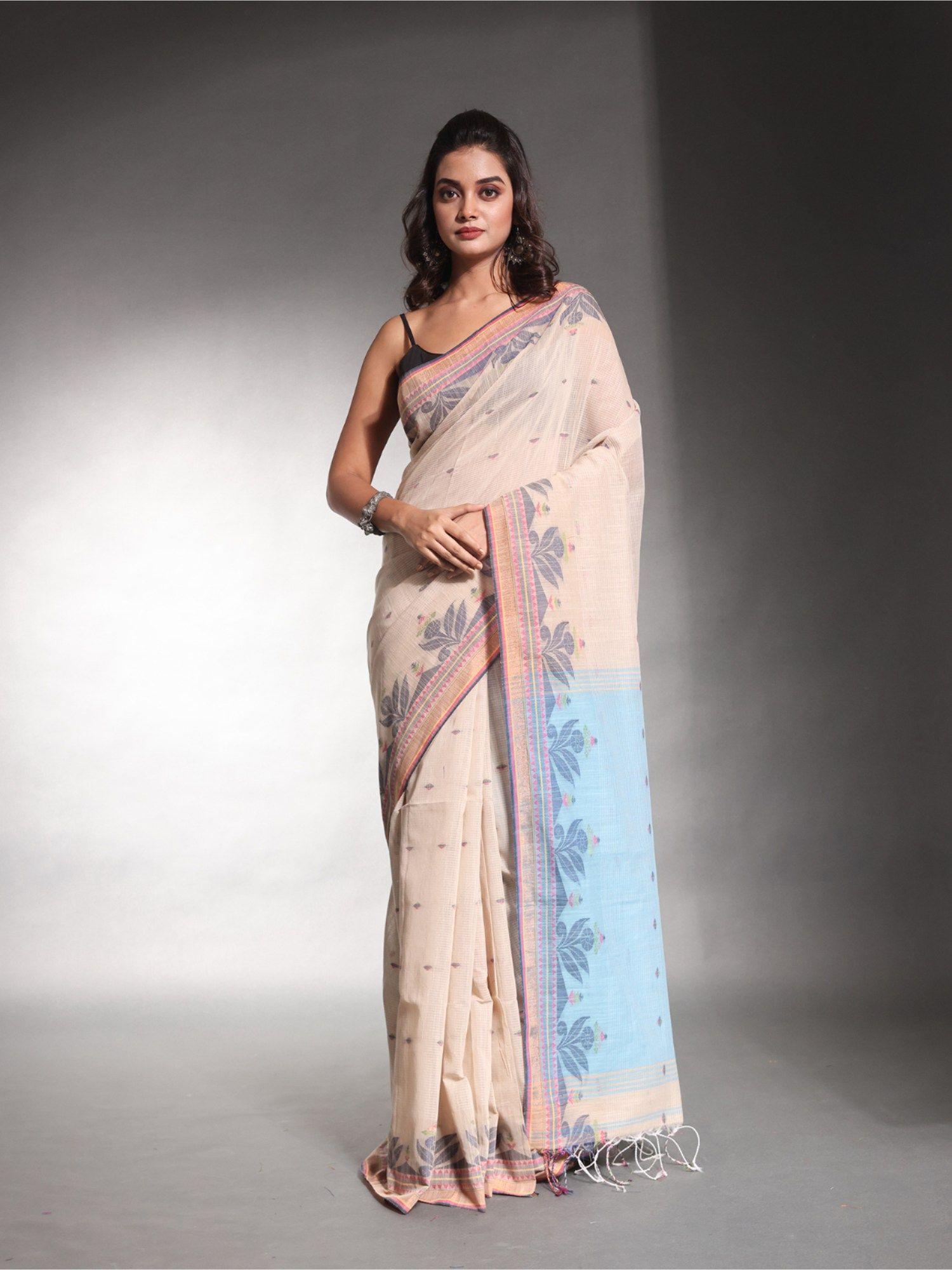 ecru beige cotton woven designs temple border soft saree with unstitched blouse