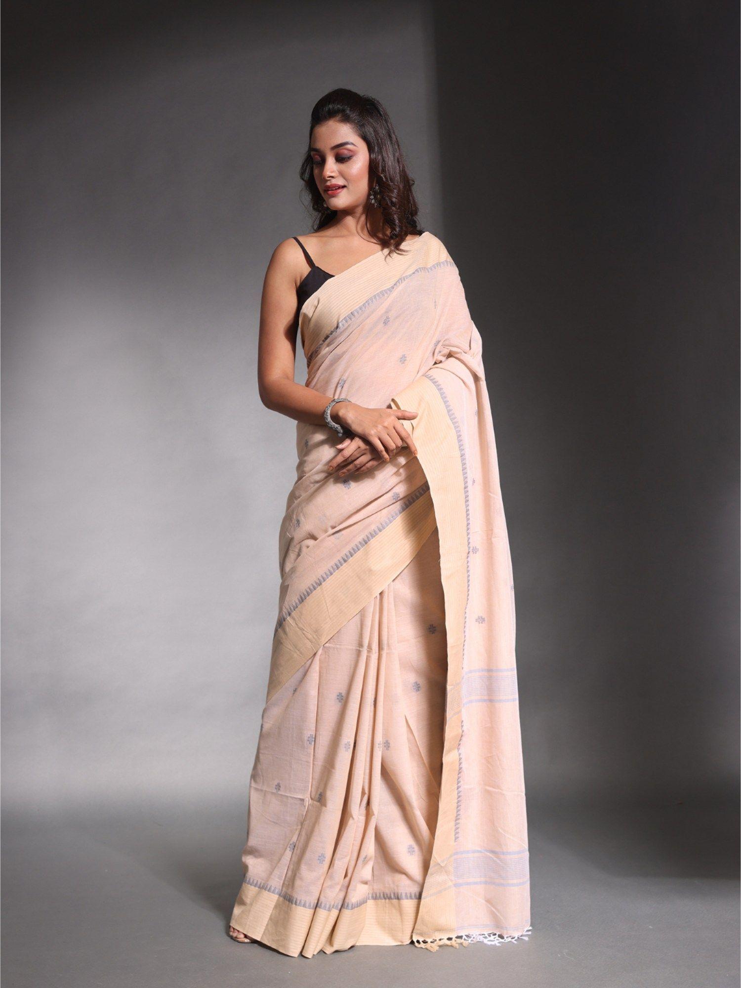 ecru beige pure cotton temple border soft saree with unstitched blouse