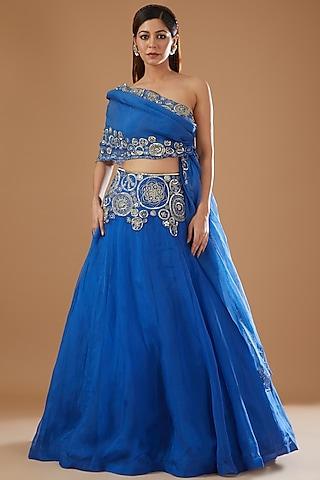 ecru blue silk organza embroidered lehenga set