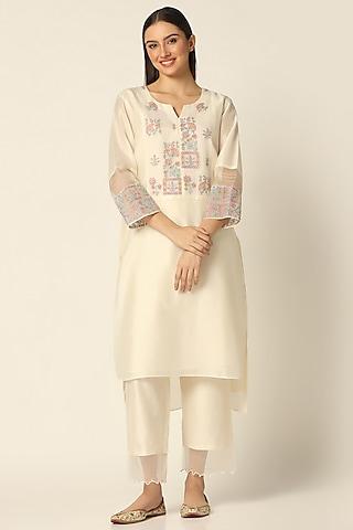 ecru chanderi silk embroidered kurta set