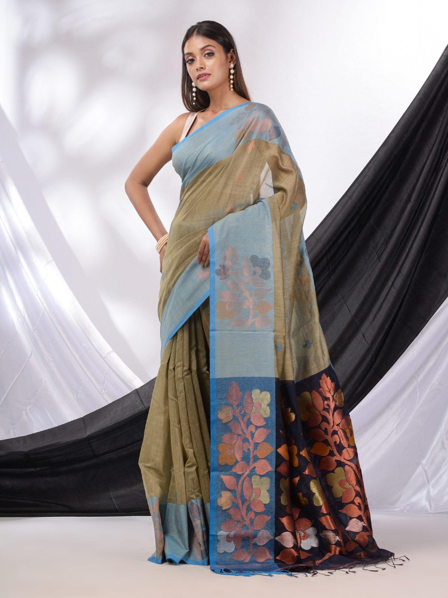 ecru cotton blend handwoven saree with foliage border & unstitched blouse