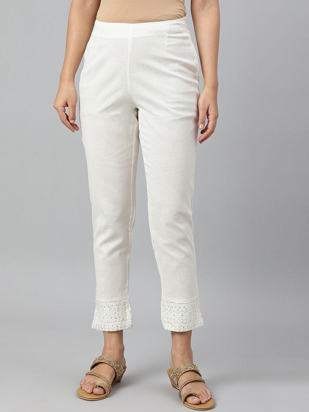ecru cotton blend slim pants