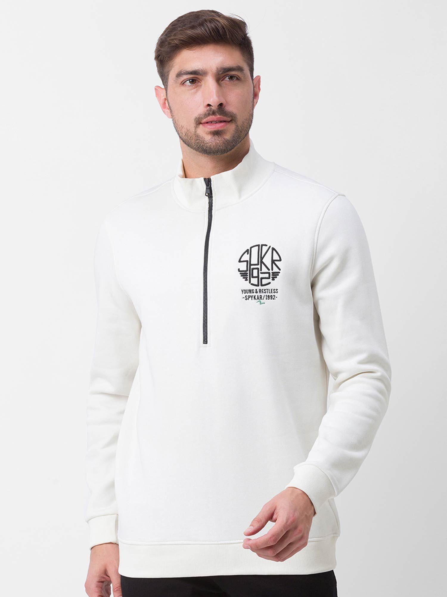 ecru cotton full sleeve high neck sweatshirt for men