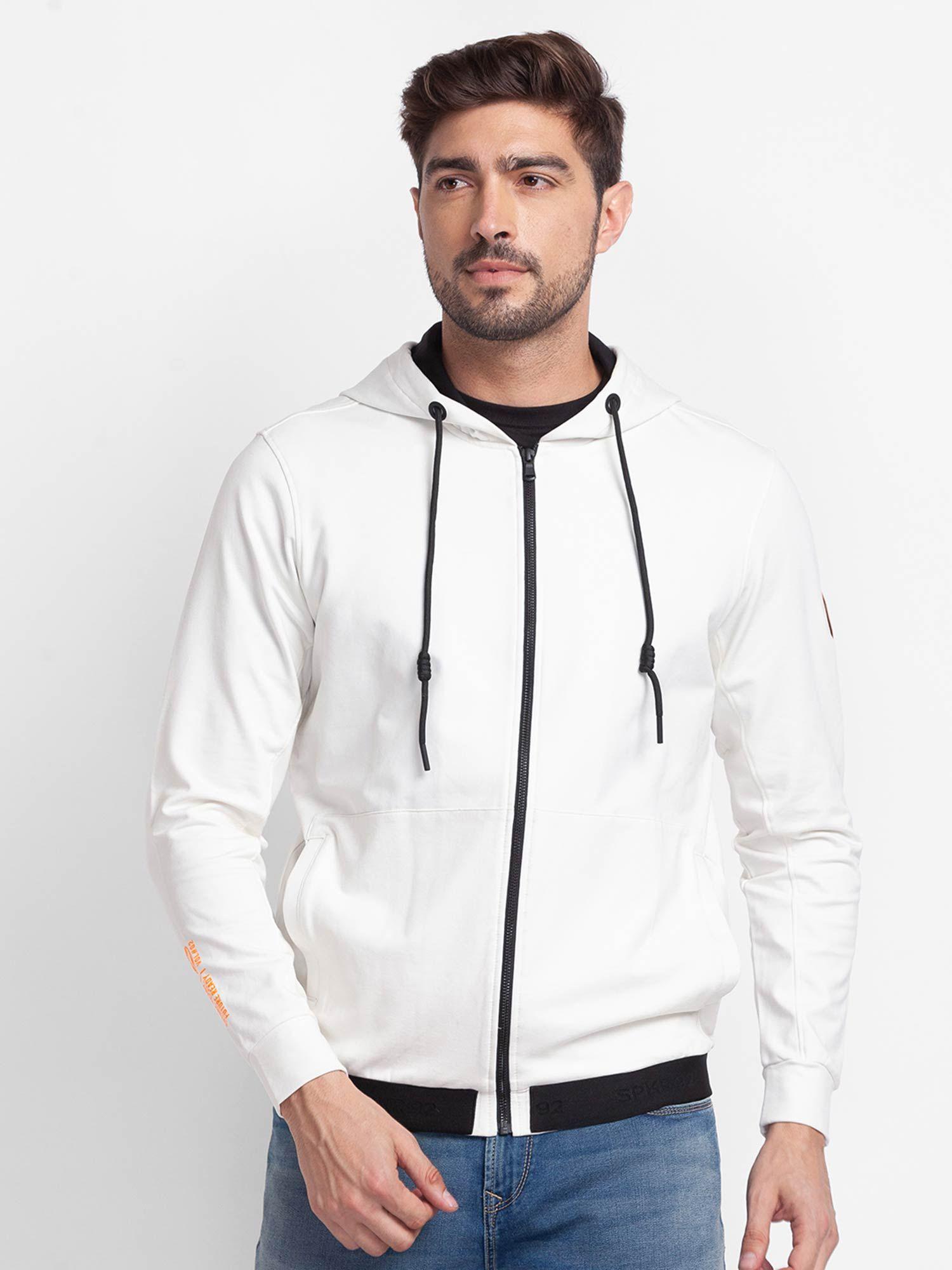 ecru cotton full sleeve hooded sweatshirt for men