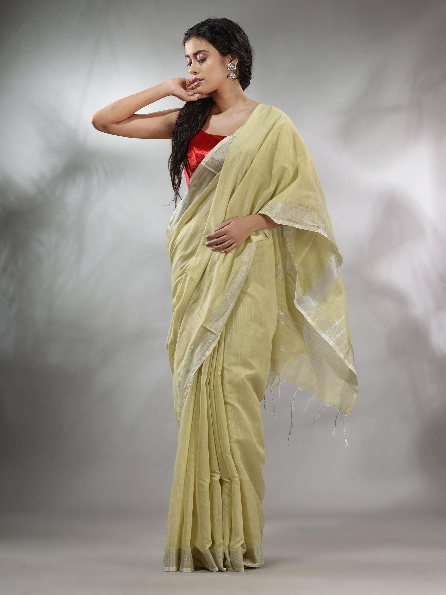 ecru cotton silk handwoven saree with zari woven stripes pallu & unstitched blouse