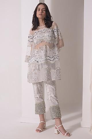 ecru crepe & organza patchwork embroidered short kurta set