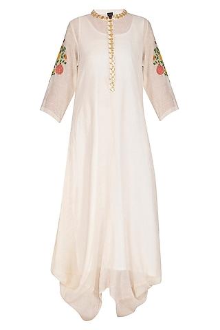 ecru embroidered cowl draped kurta dress with slip